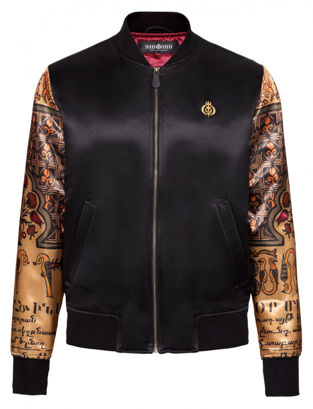 Bestickte Herren Satin Bomberjacke mit Ärmelprint