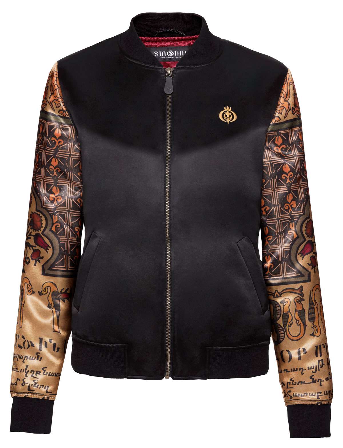 Embroidered Women s Satin Bomber Jacket with Printed Sleeves